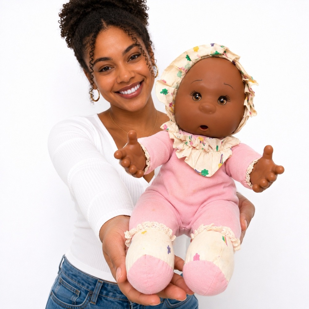 Vintage African American Baby Doll Pink Lace Sleeper Bonnet Soft Body 12 Inch